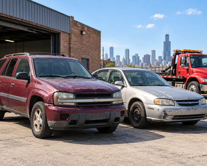 Illustration of an older SUV and sedan at a Chicago vehicle buying location