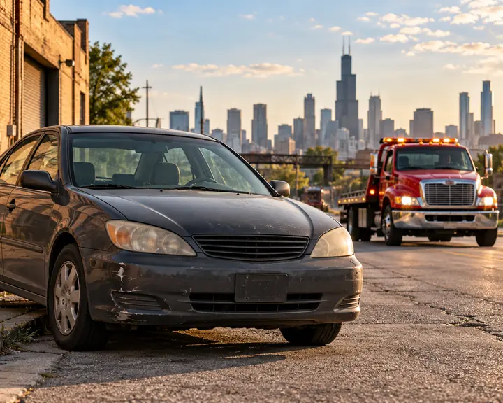 Illustration of an older car awaiting pickup with a red tow truck and Chicago skyline