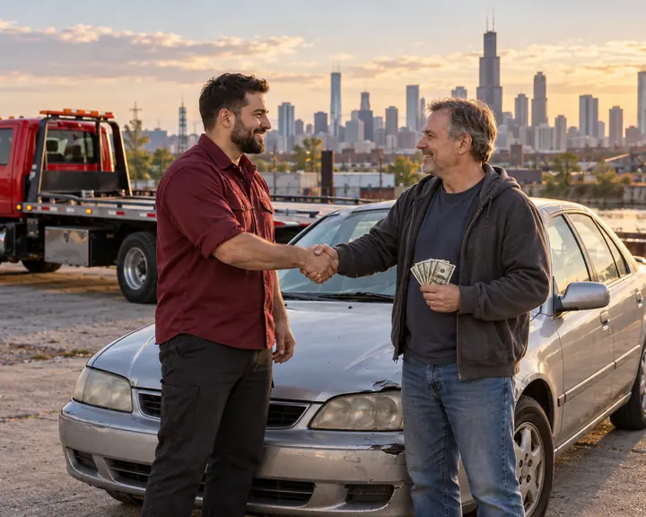 Illustration of a vehicle buyer and seller shaking hands beside an older car, with Chicago skyline and a tow truck behind