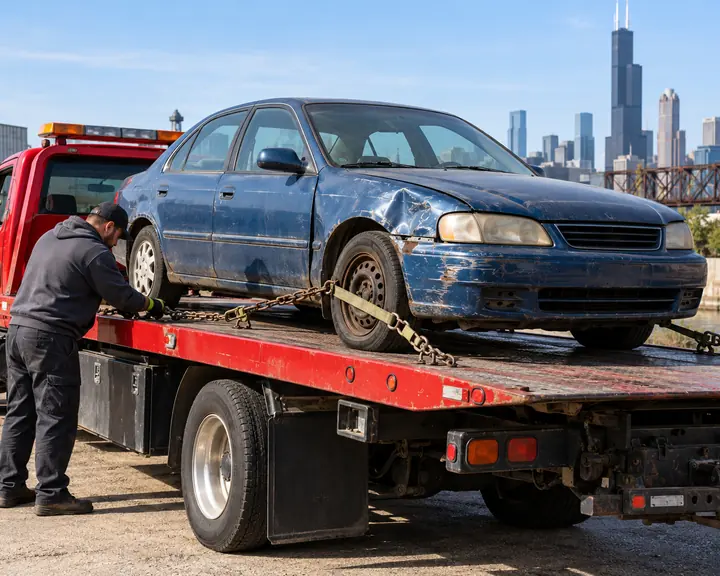 Illustration of a damaged car on a flatbed truck in Chicago