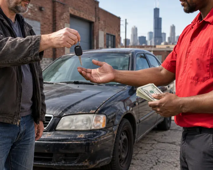 Illustration of a car seller exchanging keys for cash beside an older vehicle in Chicago