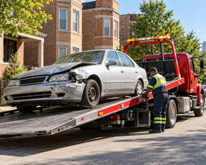 Illustration of a damaged sedan being loaded onto a red tow truck on a Chicago street