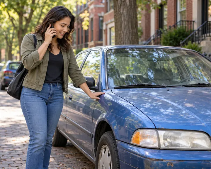 Illustration of a Chicago vehicle owner calling for a quote beside an older blue sedan